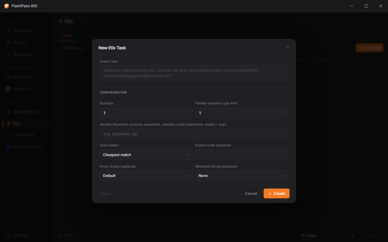 New Etix Task dialog, full form