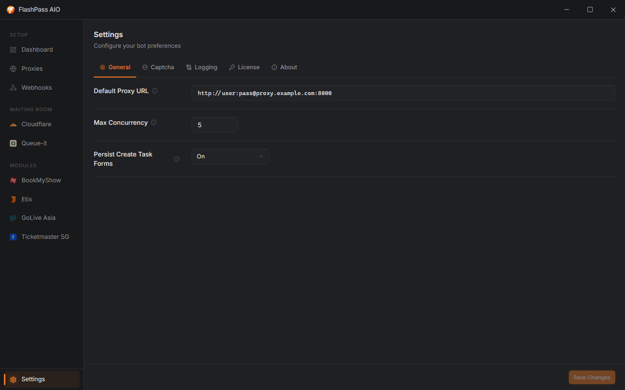 Settings page with tab bar visible