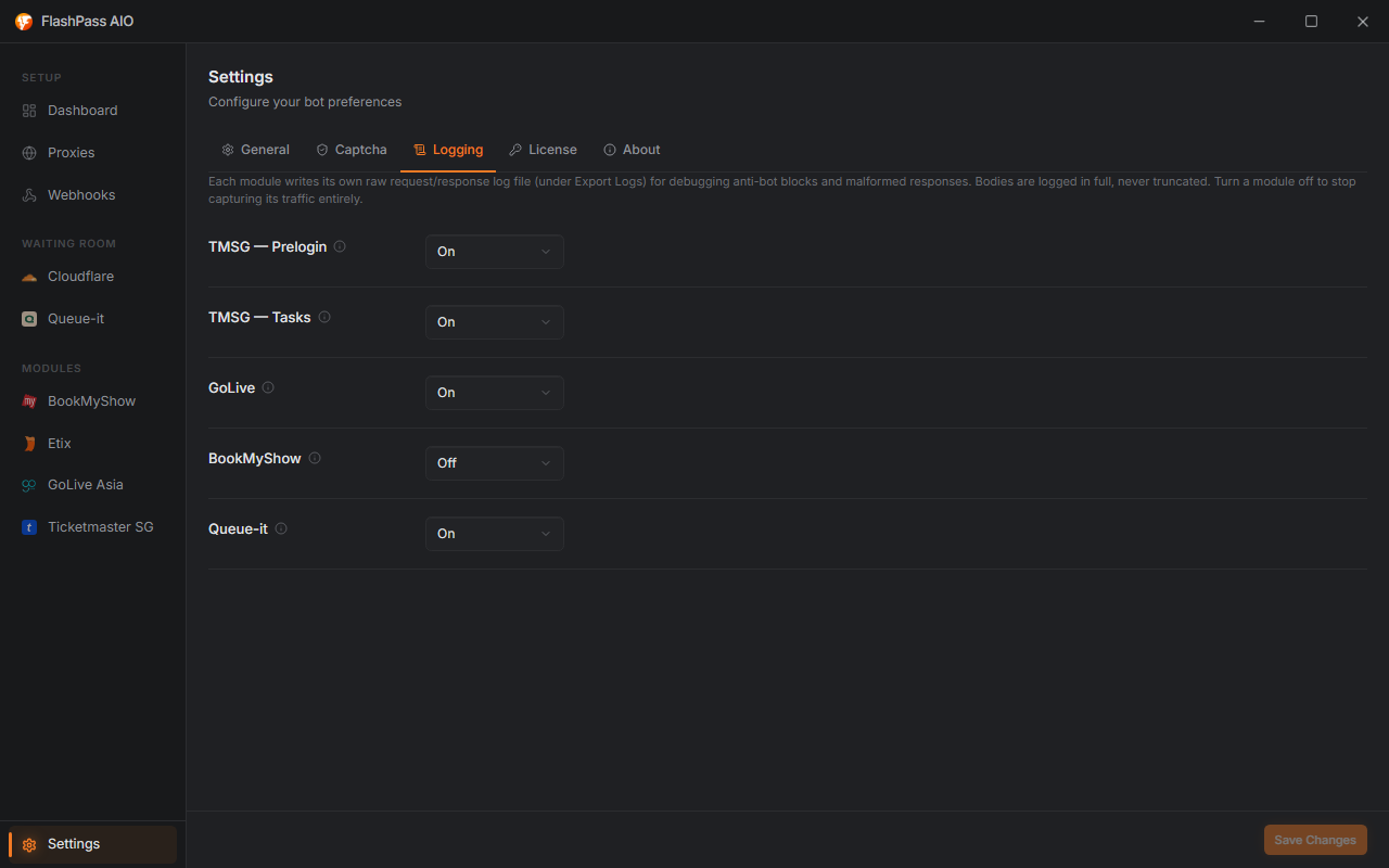 Logging tab full view