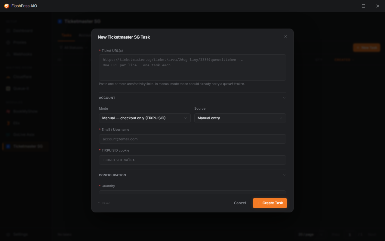New Ticketmaster SG Task dialog, Account section open